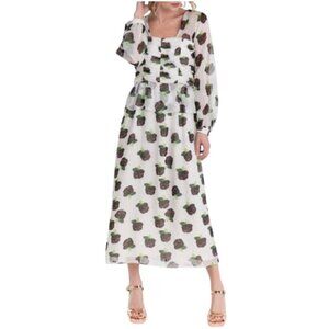 Buru Womens Floral Chiffon Midi  Dress Long Sleeves Size L